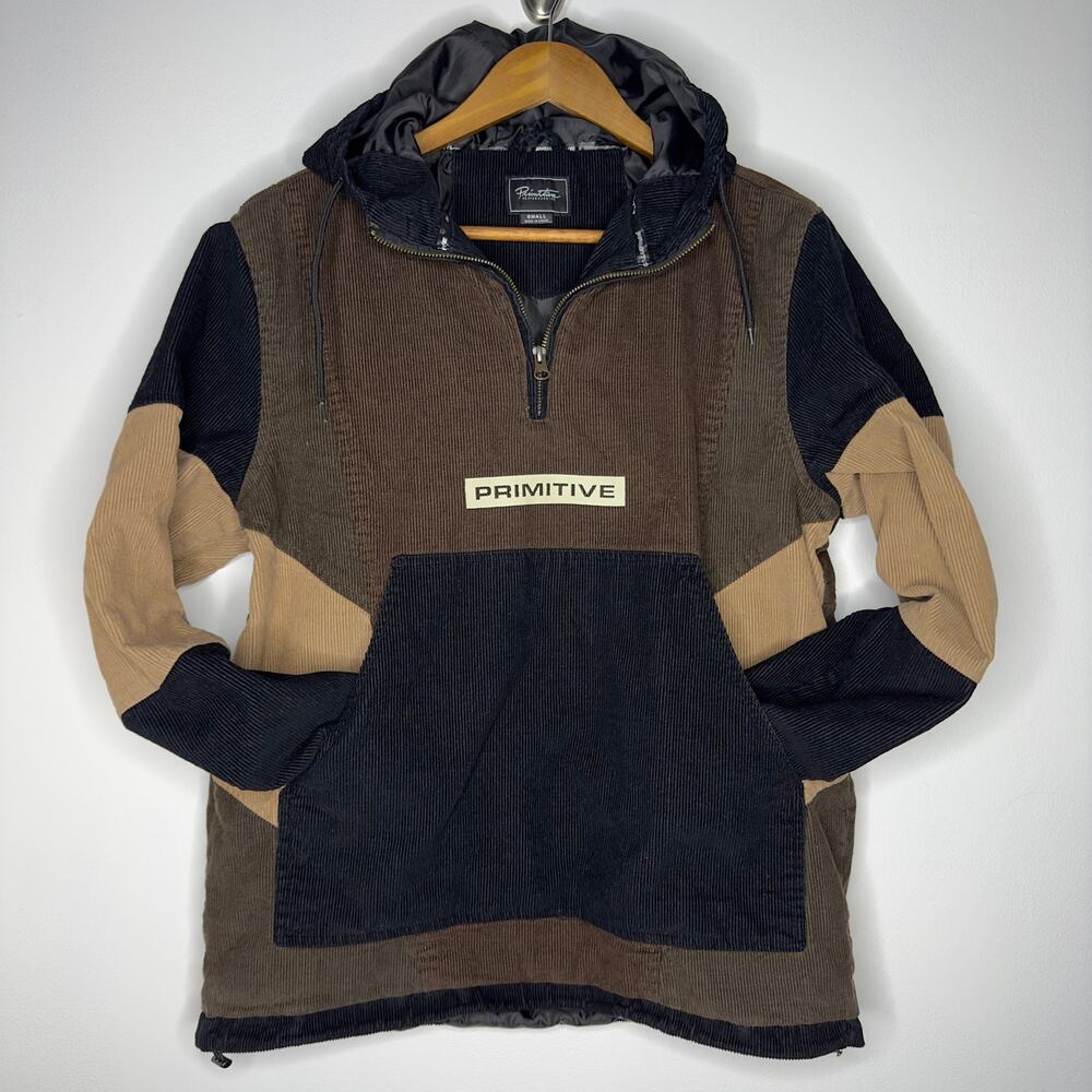 Primitive Corduroy Colorblock Hooded Pullover Jacket Men’s Small Brown Black Tan